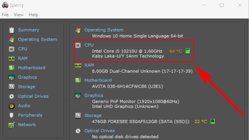 Bảng thao tác Speccy